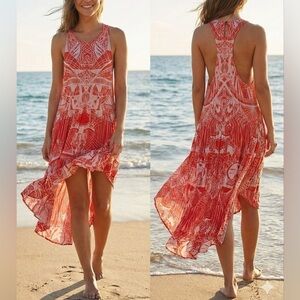 Free People La Mar Printed Dress in Hot Coral Combo